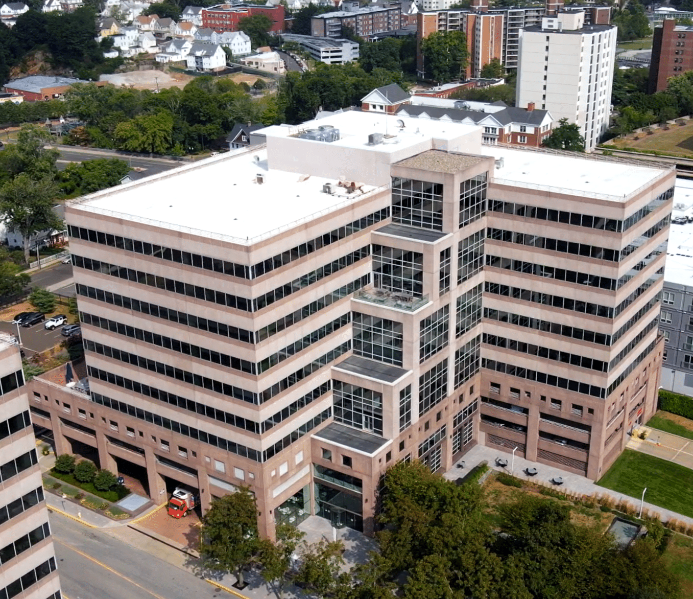 Aerial view of the Banner Life Insurance Company headquarters in Stamford, Connecticut, as part of the US Pension Risk Transfer division of the Banner Life family of companies.